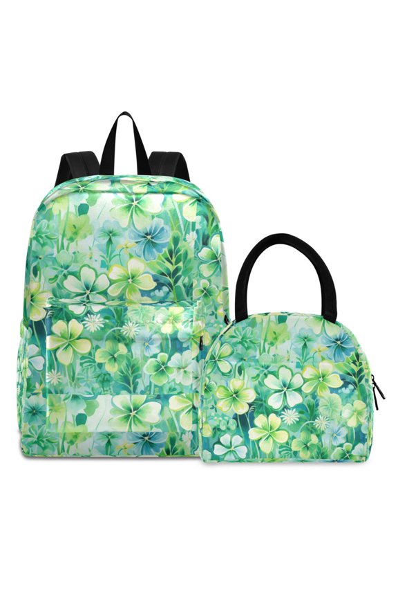 Backpack Set St Patrick Clover Flower Elementary School Bags Student BookBag with Lunch Bag