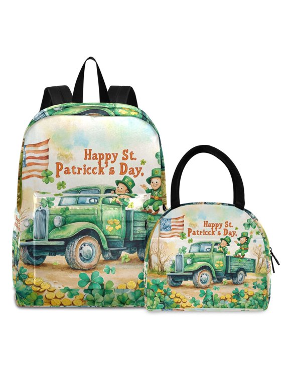 Backpack Set St Patricks Day Truck Scene Elementary School Bags Student BookBag with Lunch Bag