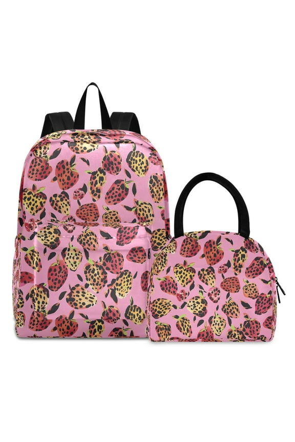 Backpack Set Strawberry Shape Leopard Elementary School Bags Student BookBag with Lunch Bag