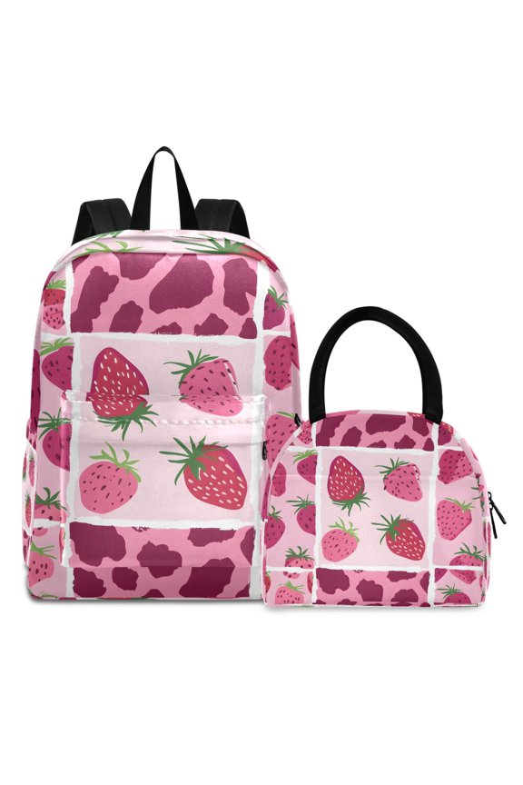 Backpack Set Strawberry and Leopard Print Elementary School Bags Student BookBag with Lunch Bag
