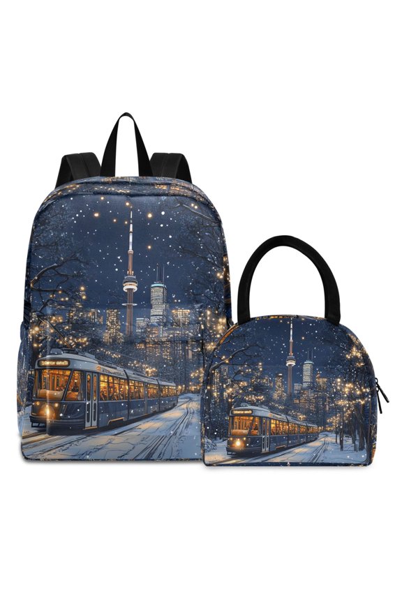 Backpack Set Train Winter View Elementary School Bags Student BookBag with Lunch Bag