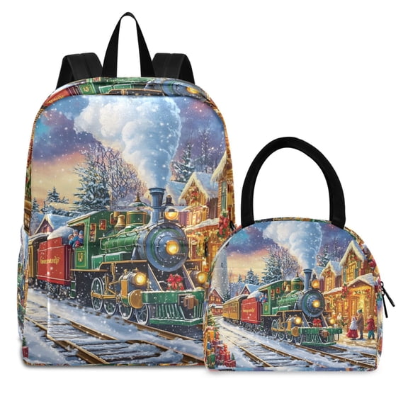 ALAZA Backpack Set Train in Winter Christmas Elementary School Bags Student BookBag with Lunch Bag