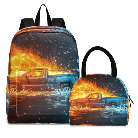 ALAZA Backpack Set Truck Ice and Fire Elementary School Bags Student BookBag with Lunch Bag