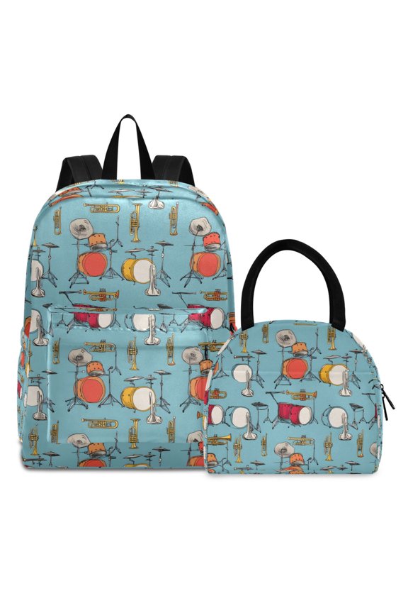 Backpack Set Trumpet Drums Pattern Elementary School Bags Student BookBag with Lunch Bag