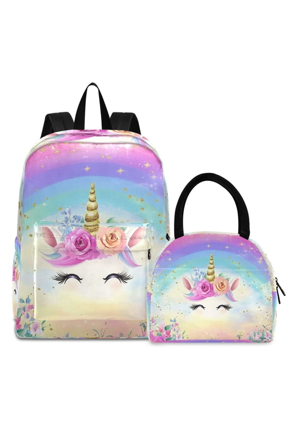 Backpack Set Unicorn with Rainbow Elementary School Bags Student BookBag with Lunch Bag