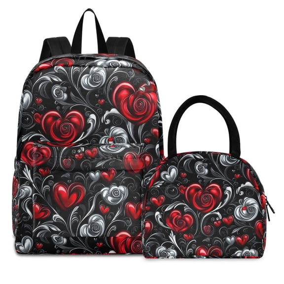 ALAZA Backpack Set Valentines Hearts Flowers Elementary School Bags Student BookBag with Lunch Bag