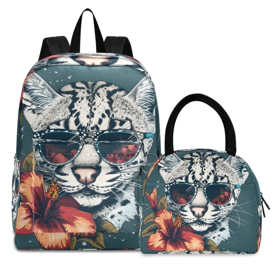 ALAZA Backpack Set Wild Cat with Exotic Flower Elementary School Bags Student BookBag with Lunch Bag