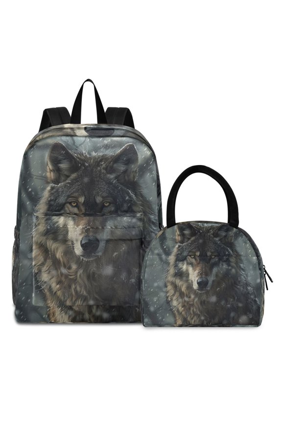 Backpack Set Winter Lone Wolf Elementary School Bags Student BookBag with Lunch Bag