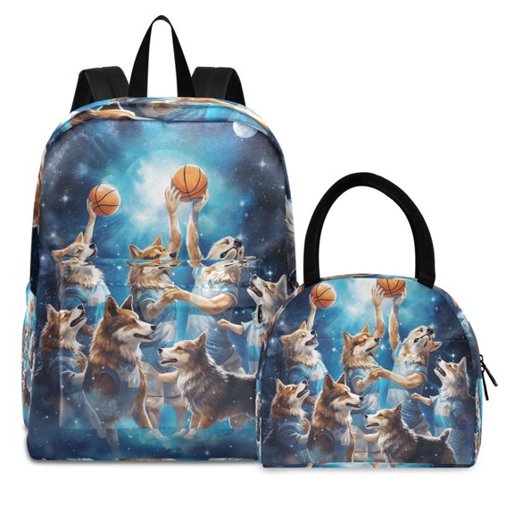 ALAZA Backpack Set Wolf Play Basketball Elementary School Bags Student BookBag with Lunch Bag