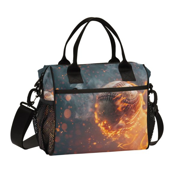 ALAZA Baseball Ball with Fire Insulated Lunch Bag Reusable Tote Box Adjustable Shoulder Strap for Work Picnic