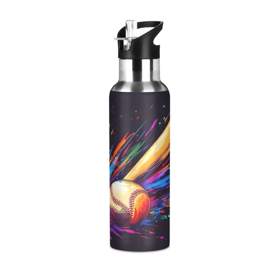 ALAZA Baseball Bat Water Bottle Insulated Flask Stainless Steel Straw Lid 20 oz