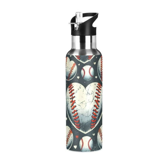 ALAZA Baseball Heart Shape Water Bottle Insulated Flask Stainless Steel Straw Lid 20 oz