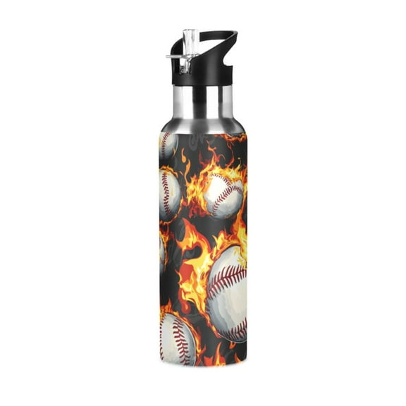 ALAZA Baseball with Fire Water Bottle Insulated Flask Stainless Steel Straw Lid 20 oz