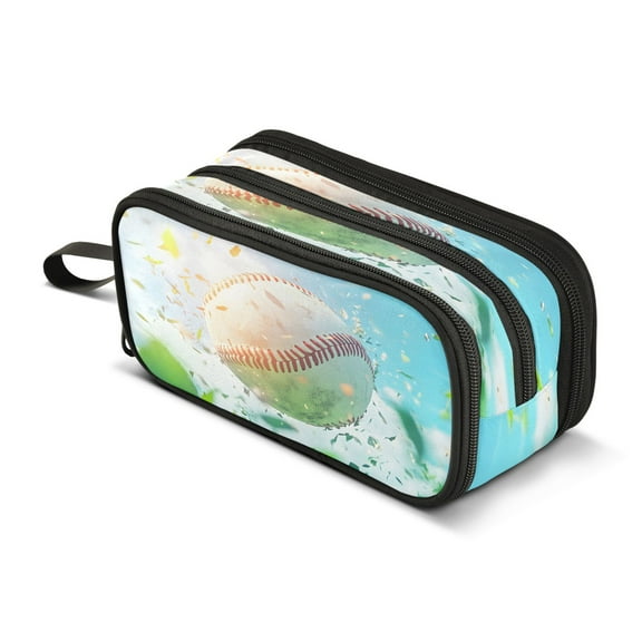 ALAZA Baseball with Leaf Pencil Case Bag 3 Compartment Pen Pouch Large Storage Holder Box Organizer