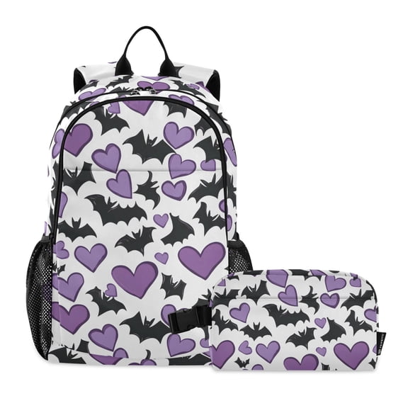 ALAZA Bats and Hearts School Backpack Lunch Box Set Student Bookbag