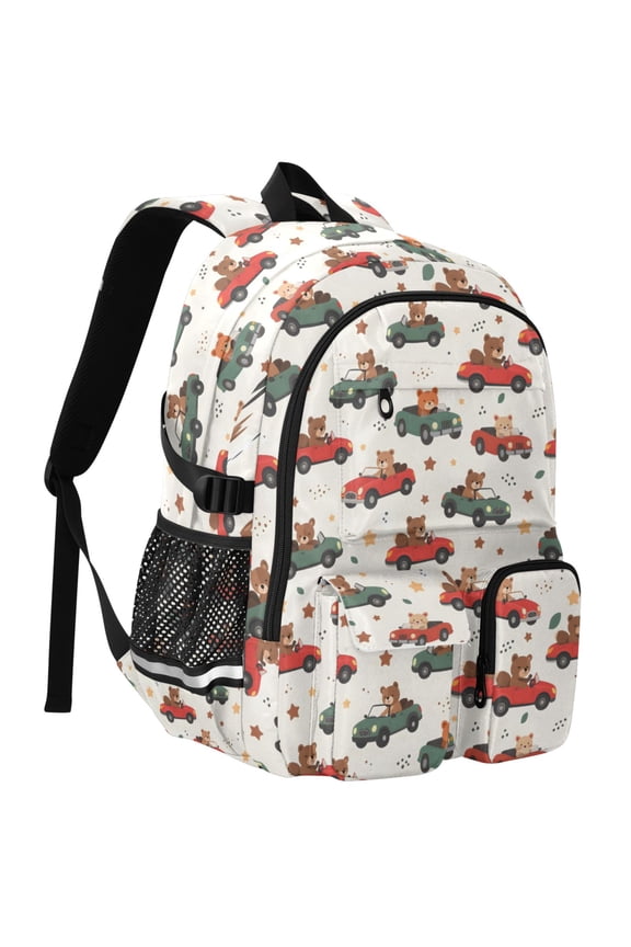 Bear Driving Car Print Student Backpack School Bookbag Large Laptop Daypack Travel Bag