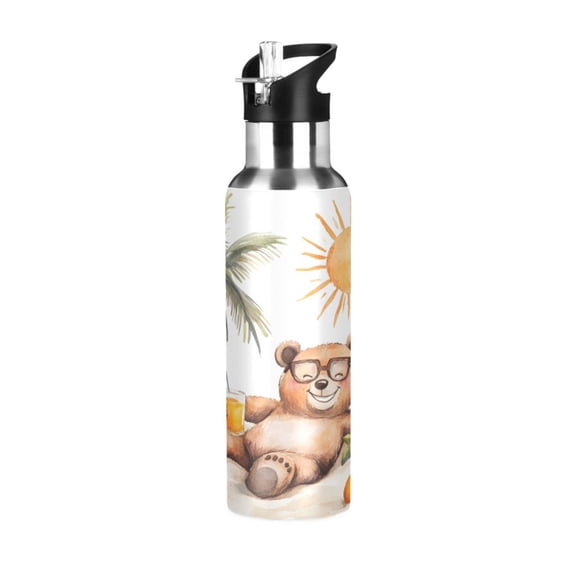 ALAZA Bear on Beach Water Bottle Insulated Flask Stainless Steel Straw Lid 20 oz