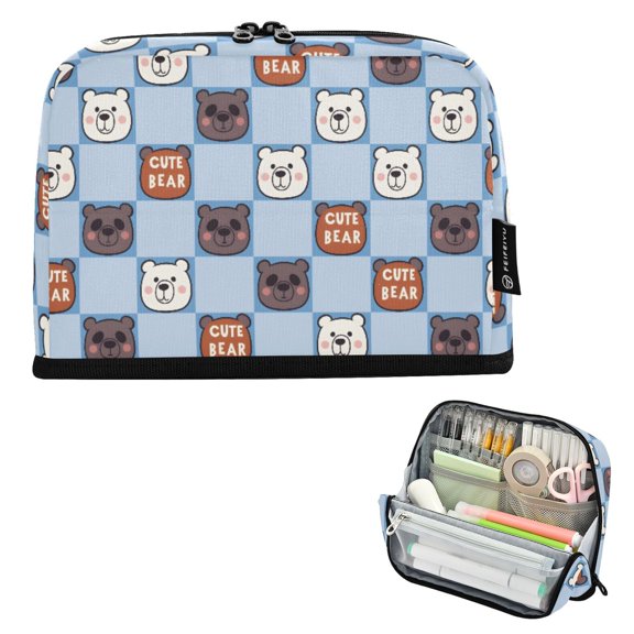 ALAZA Bear on Checkered Pencil Case Pen Pouch Bag Large Capacity Organizer