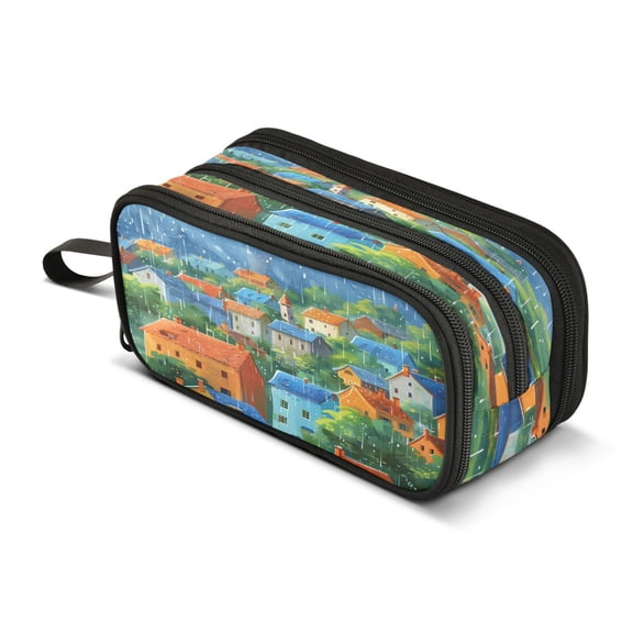 ALAZA Beautiful City with Rain Pencil Case Bag 3 Compartment Pen Pouch Large Storage Holder Box Organizer