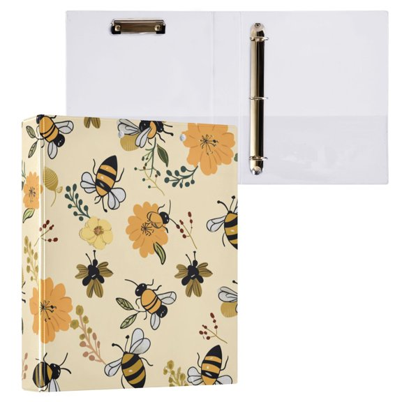 ALAZA Bee Flying on Flowers Hardcover 3 Ring Binder 1.5" Round Rings Interior Pockets Binders Organizer 1 Pack