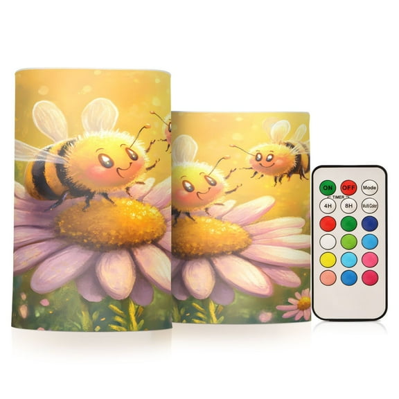 ALAZA Bees on Daisy Flower Paint 2 PCs LED Flickering Flameless Candles with Remote Timer Battery Operated Candle