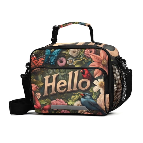 ALAZA Bird Flowers Hello Lunch Box Insulated Cooler Bag Reusable Tote Bags Shoulder Strap