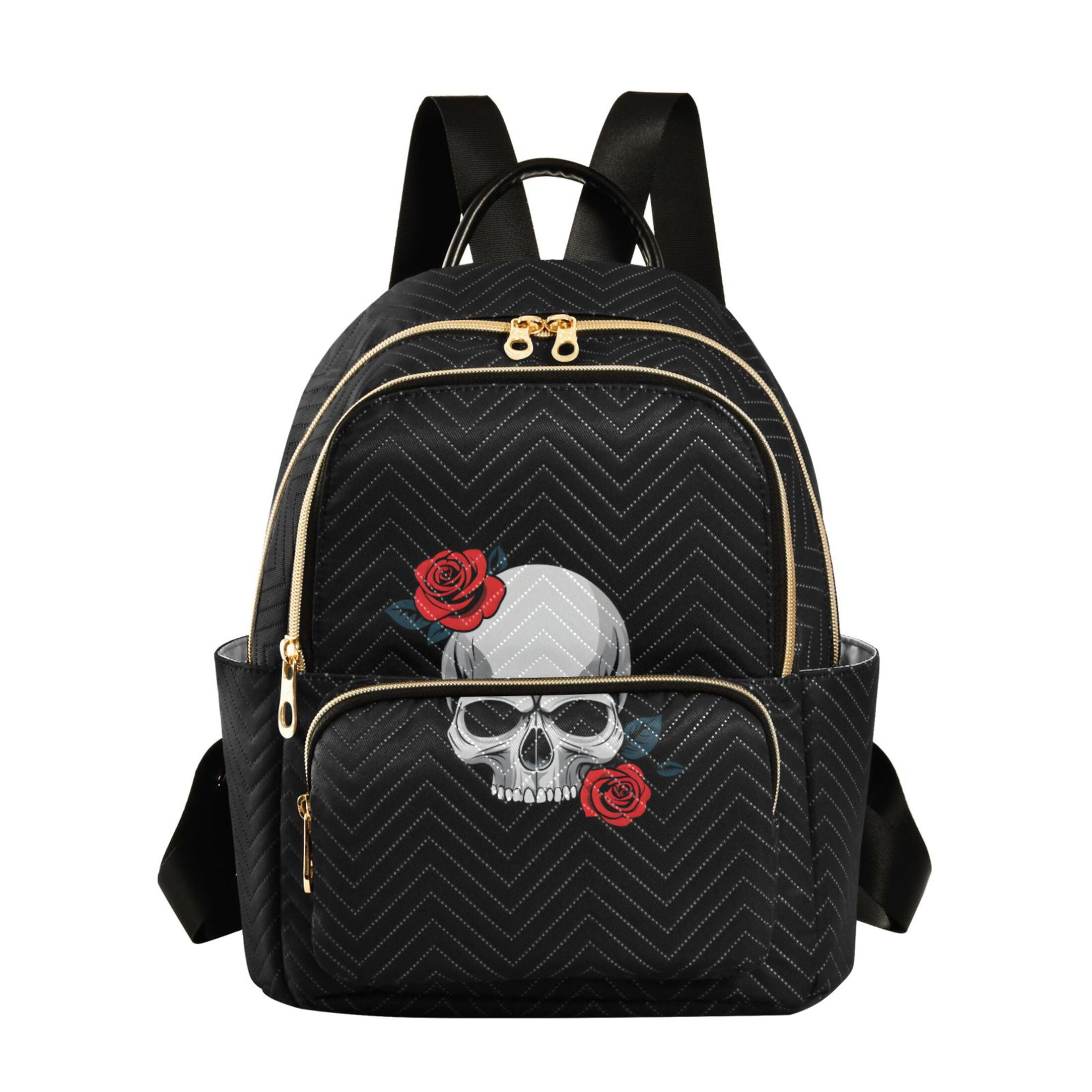 Mini Backpack Purse Lightweight Travel Daypack with Skull Roses Pattern Quilted Lightweight Backpack Roses and Skull School Bag Travel  main image 4