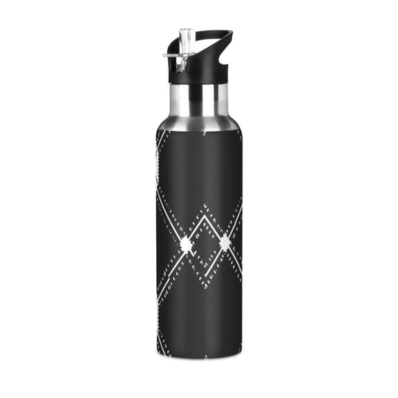 ALAZA Black White Plaid Checkered Water Bottle Insulated Flask Stainless Steel Straw Lid 20 oz