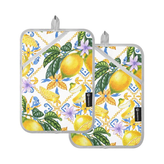 ALAZA Blue Boho and Yellow Lemons Pot Holders Set of 2 Heat Resistant Kitchen Oven Mitts