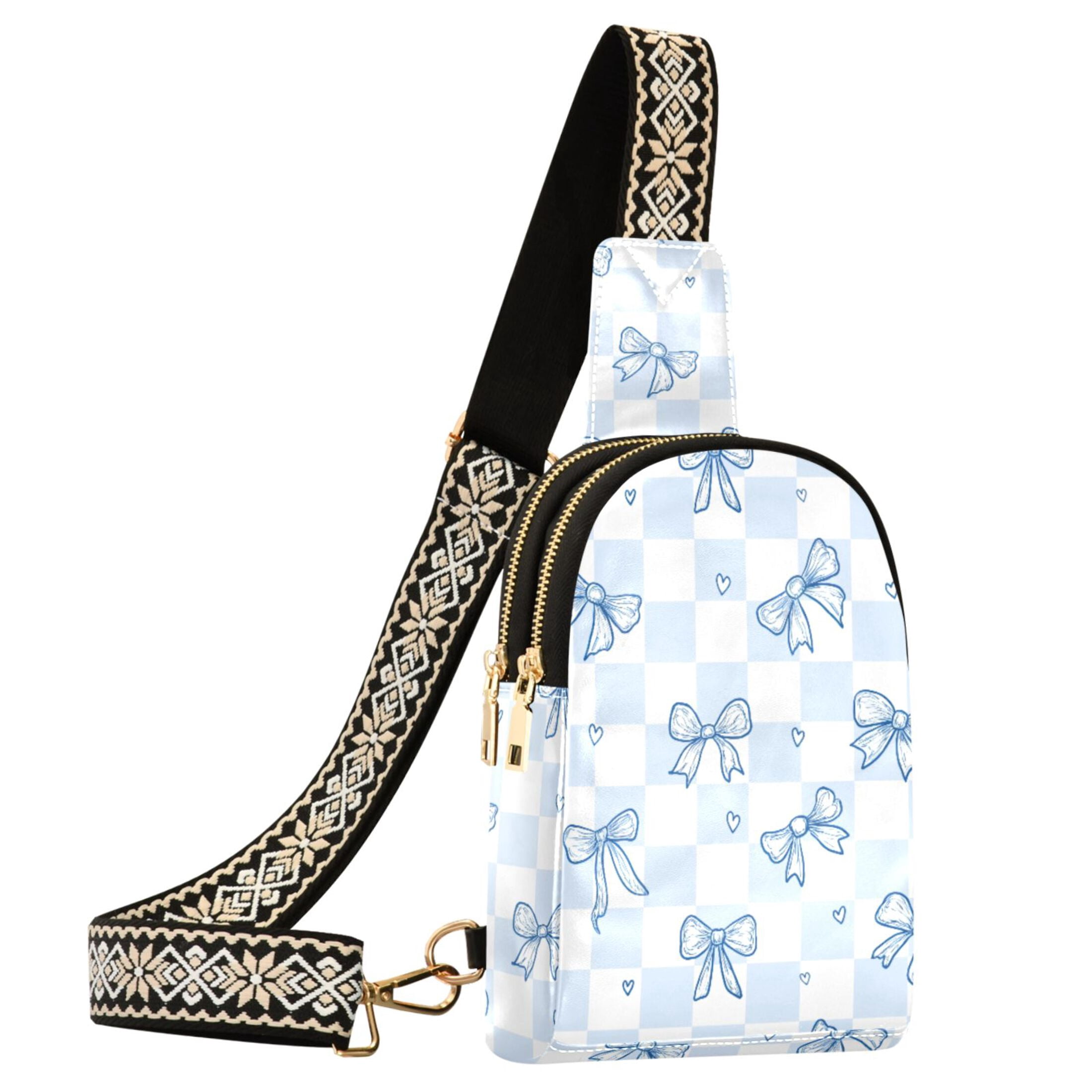 ALAZA Blue Bow Checkered Sling Bag for Women Men Waterproof Crossbody Chest Bags
