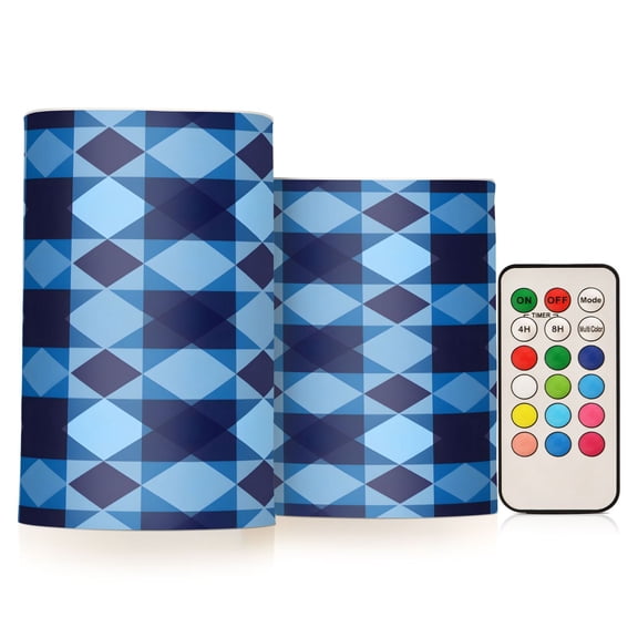 ALAZA Blue Checkered Grid Pattern 2 PCs LED Flickering Flameless Candles with Remote Timer Battery Operated Candle