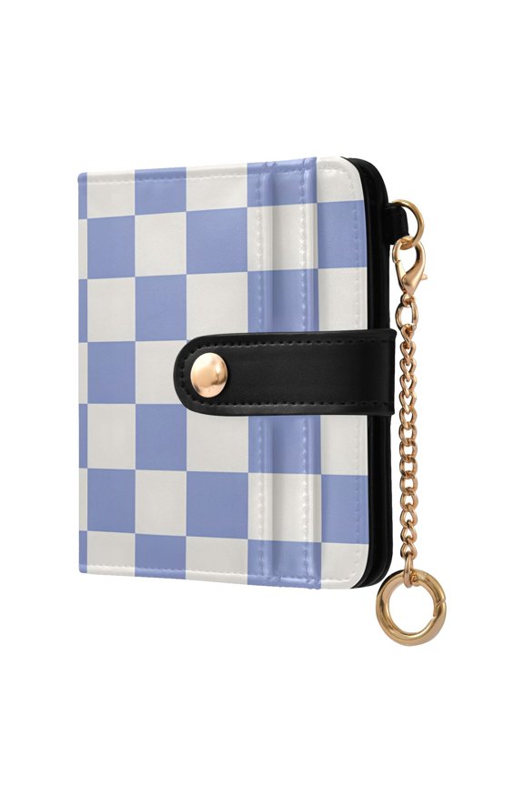 Blue Checkered Grid Pattern RFID Blocking Bifold Wallet Women Compact Card Holder with ID Window Zipper Coin Pocket