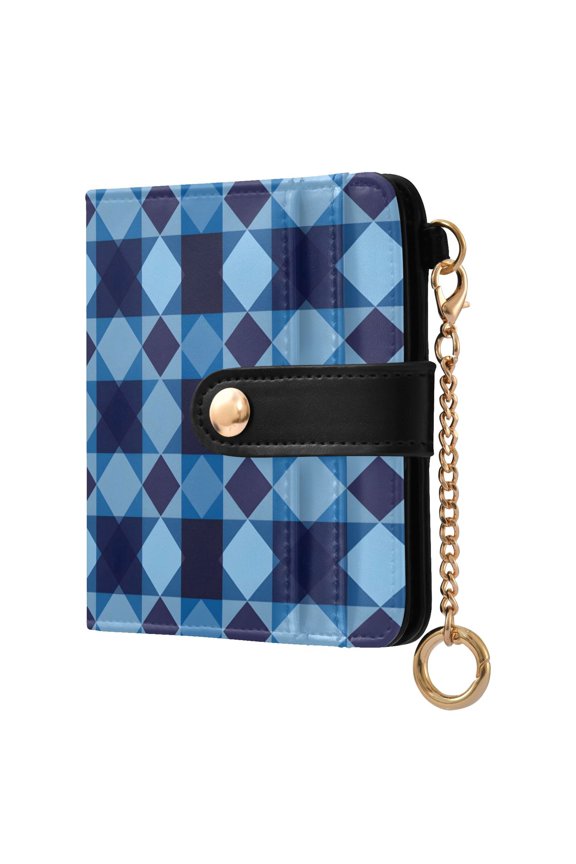 Blue Checkered Grid Pattern RFID Blocking Bifold Wallet Women Compact Card Holder with ID Window Zipper Coin Pocket