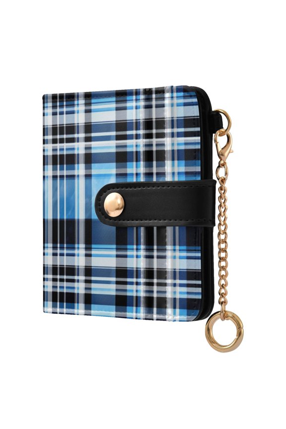 Blue Checkered Grid Pattern RFID Blocking Bifold Wallet Women Compact Card Holder with ID Window Zipper Coin Pocket