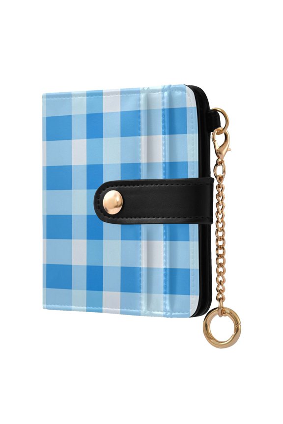 Blue Geometric Checkered Grid Pattern RFID Blocking Bifold Wallet Women Compact Card Holder with ID Window Zipper Coin Pocket