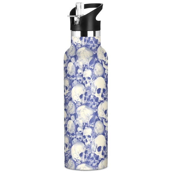 ALAZA Blue Skulls Bones Pattern Stainless Steel Water Bottle Vacuum Insulated Leak-Proof Tumbler with Straw Handle 20oz