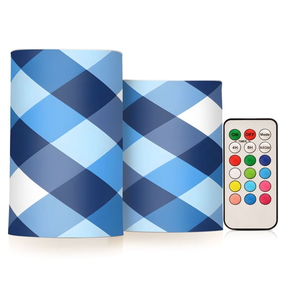 ALAZA Blue White Checkered Grid Pattern 2 PCs LED Flickering Flameless Candles with Remote Timer Battery Operated Candle