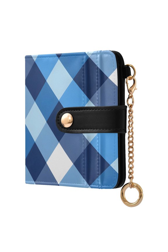 Blue White Checkered Grid Pattern RFID Blocking Bifold Wallet Women Compact Card Holder with ID Window Zipper Coin Pocket