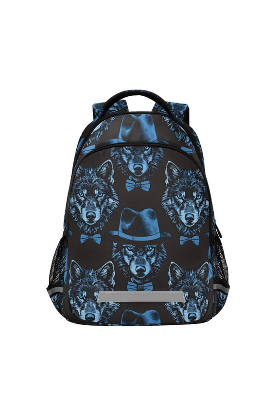 Blue Wolf with Hats Backpack Elementary School Bag Bookbag Travel Rucksack