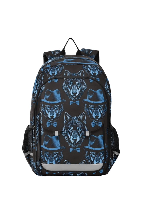 Blue Wolf with Hats Laptop Backpack Purse Travel Bag Casual School Bookbag Rucksack for Women Men