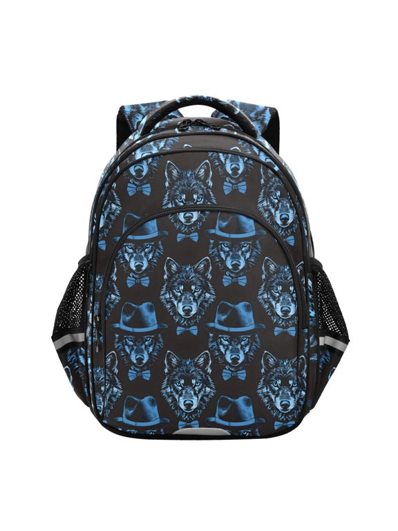 Blue Wolf with Hats School Backpack Elementary Bag Bookbag Travel Rucksack