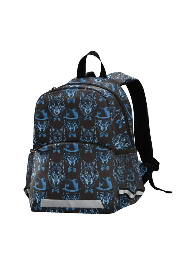 Blue Wolf with Hats School Backpack Elementary Student Bookbag