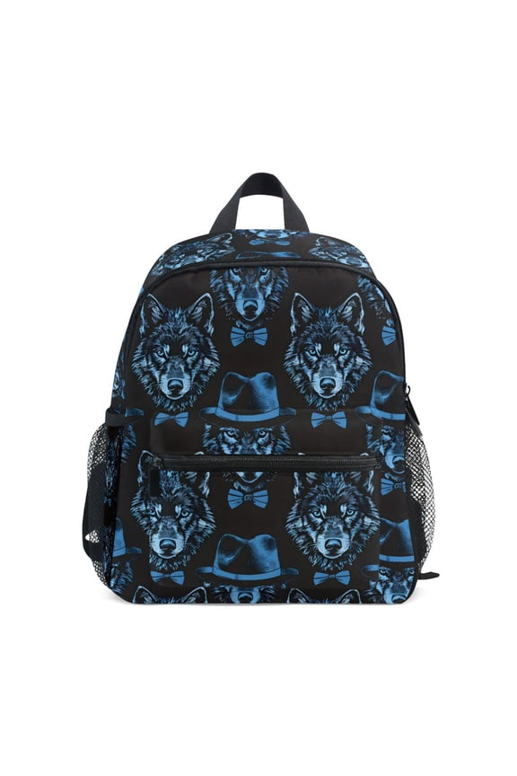 Blue Wolf with Hats School Backpack Small Bookbag Mini Bags