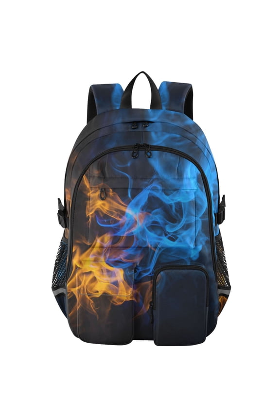 Blue Yellow Flames Print Student Backpack School Bookbag Large Laptop Daypack Travel Bag