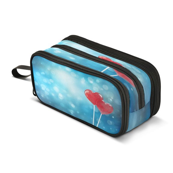 ALAZA Blue with Heart Pencil Case Bag 3 Compartment Pen Pouch Large Storage Holder Box Organizer