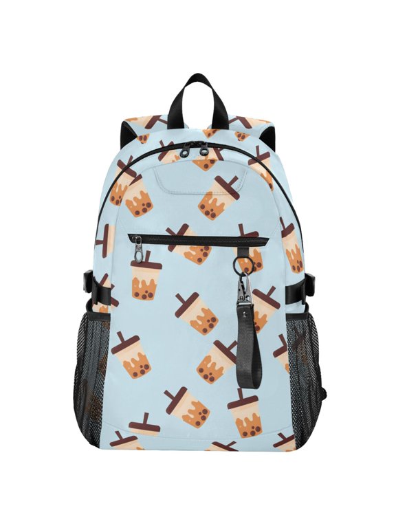 Boba Bubble Tea Blue Pattern School Backpack Travel Laptop Bag College Bookbag Casual Daypack for Women Men