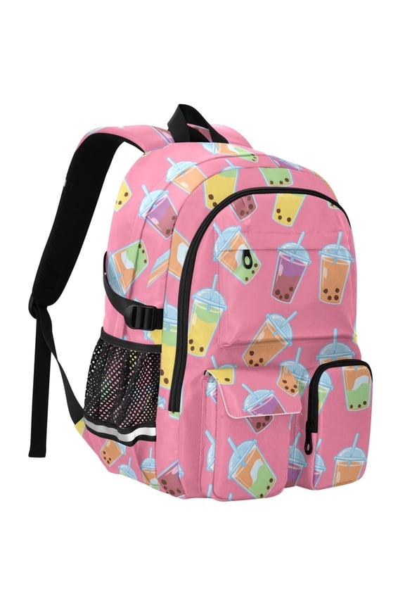 Boba Bubble Tea Pink Print Student Backpack School Bookbag Large Laptop Daypack Travel Bag