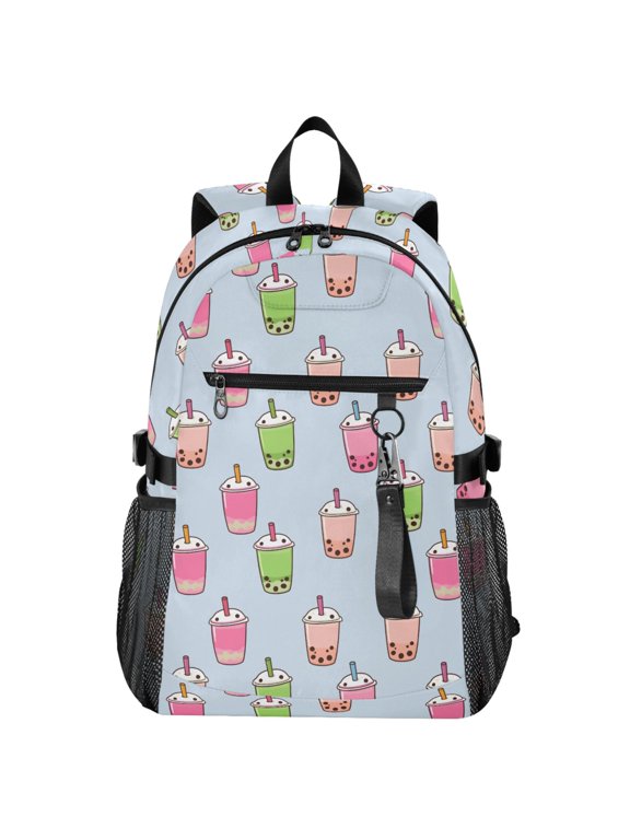 Boba Bubble Tea on Blue Pattern School Backpack Travel Laptop Bag College Bookbag Casual Daypack for Women Men