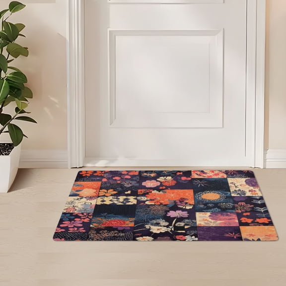 ALAZA Bohemia Flower on Checkered Grid Door Mat Outdoor Indoor Entrance Low Profile Floor Rugs 32"x20"