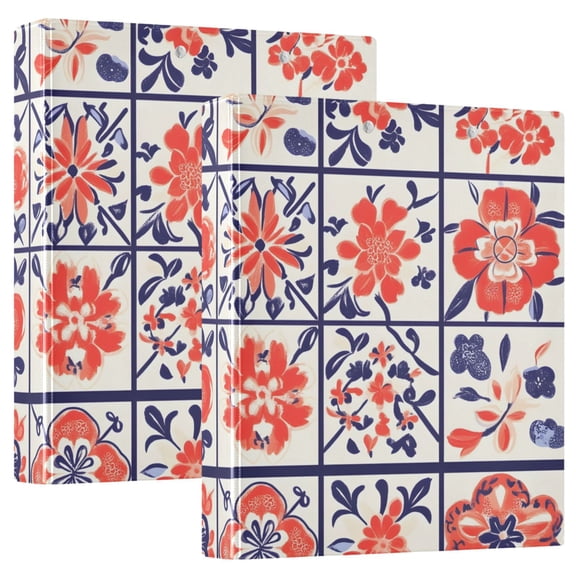ALAZA Boho Flower in Checkered Grid Hardcover 3 Ring Binder 1.5" Round Rings Interior Pockets Binders Organizer 2 Pack